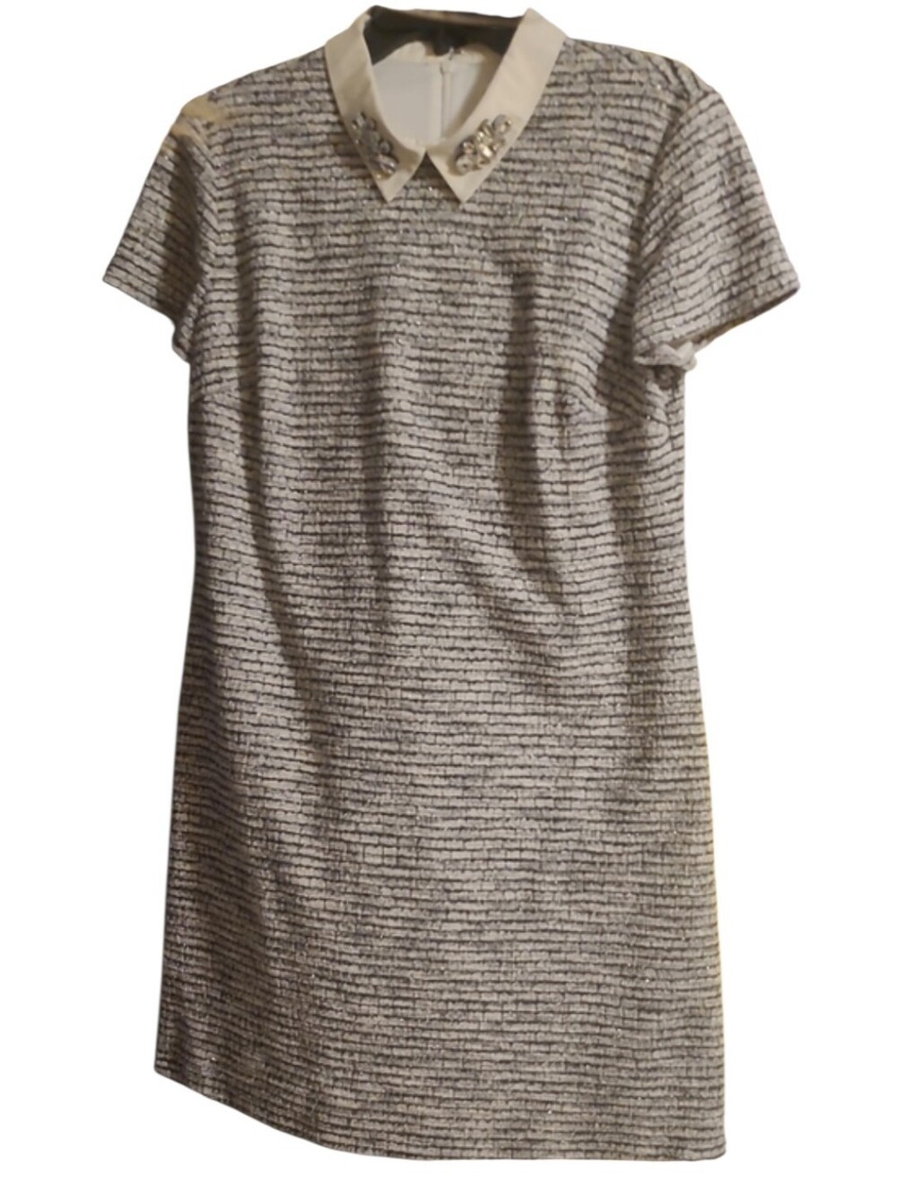 Jeweled-Collar Mini Shift Dress - White/Gray